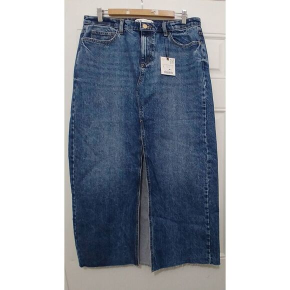 Zara womens large 34 waist maxi jeans denim skirt blue split front - Picture 1 of 6